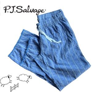 PJ Salvage 100% Cotton Blue White Stripe Drawstring Pants Fringe Hemline Medium